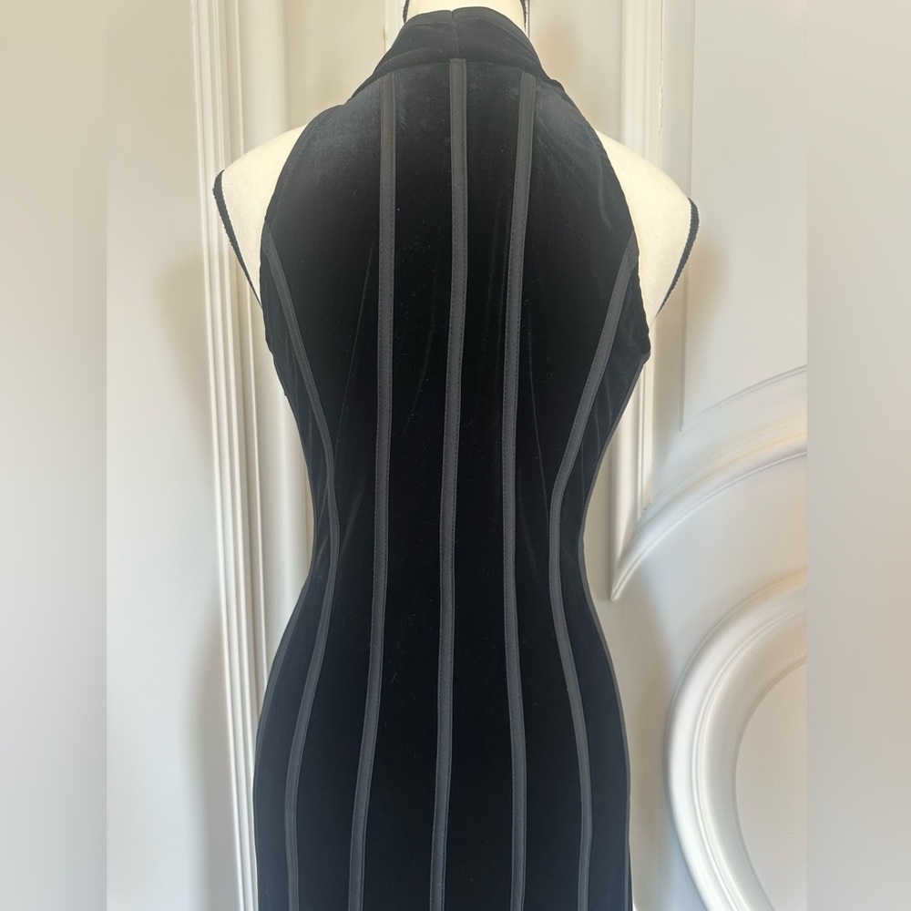 Vintage Velvet Mesh Bandage V Neck Sleeveless Flared Bodycon Maxi Dress- Size 10 - Picture 6 of 12